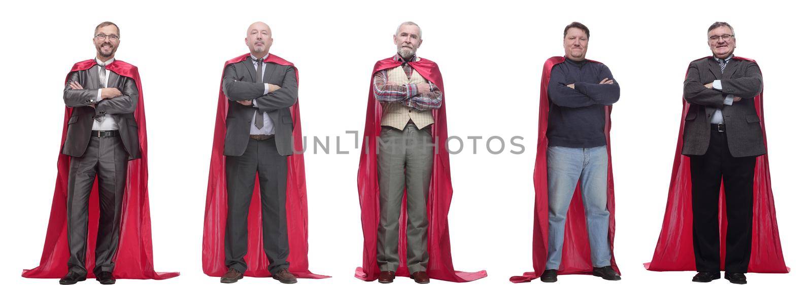 group of people in red raincoat isolated on white background