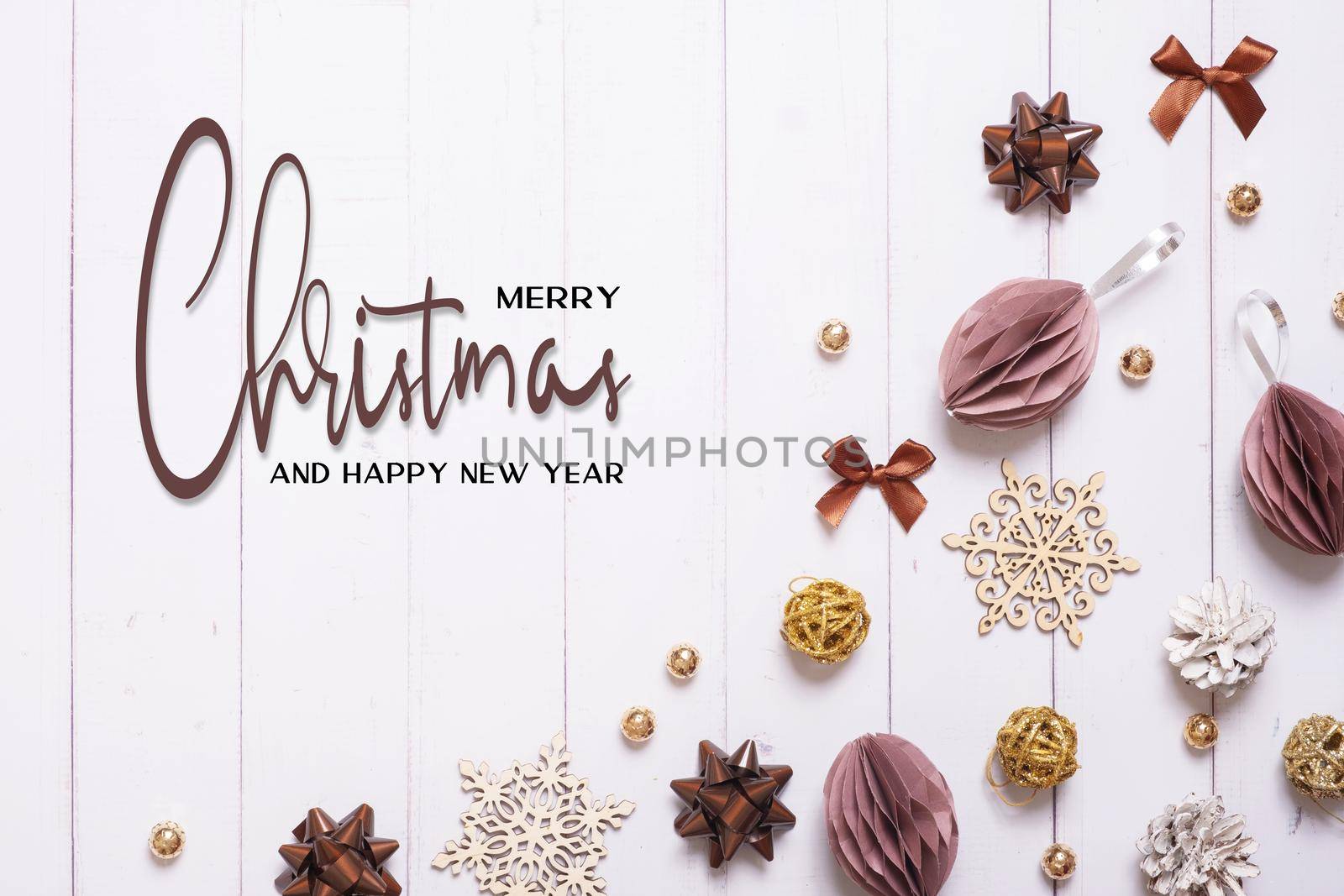 Merrry Christmas and Happy new year greeting card with composition flat lay on wooden background.