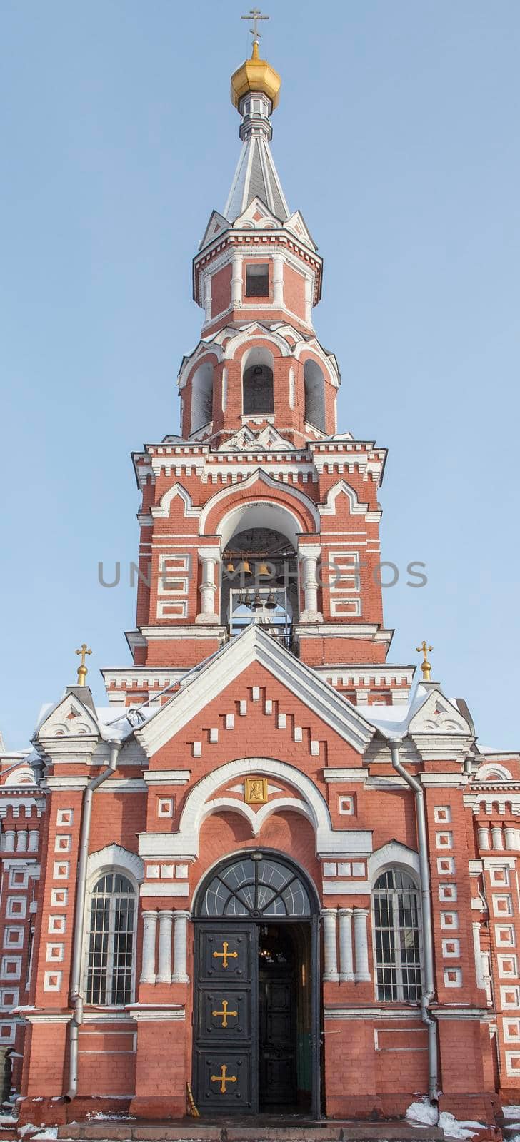 Front view of the orthodox church in a winter time