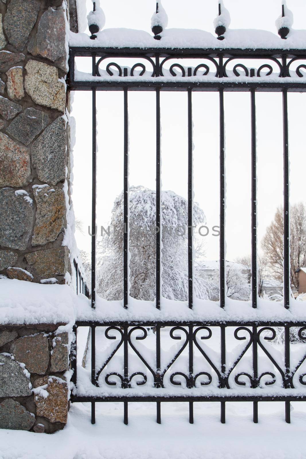 Side view of black metal forged fence covered by snow