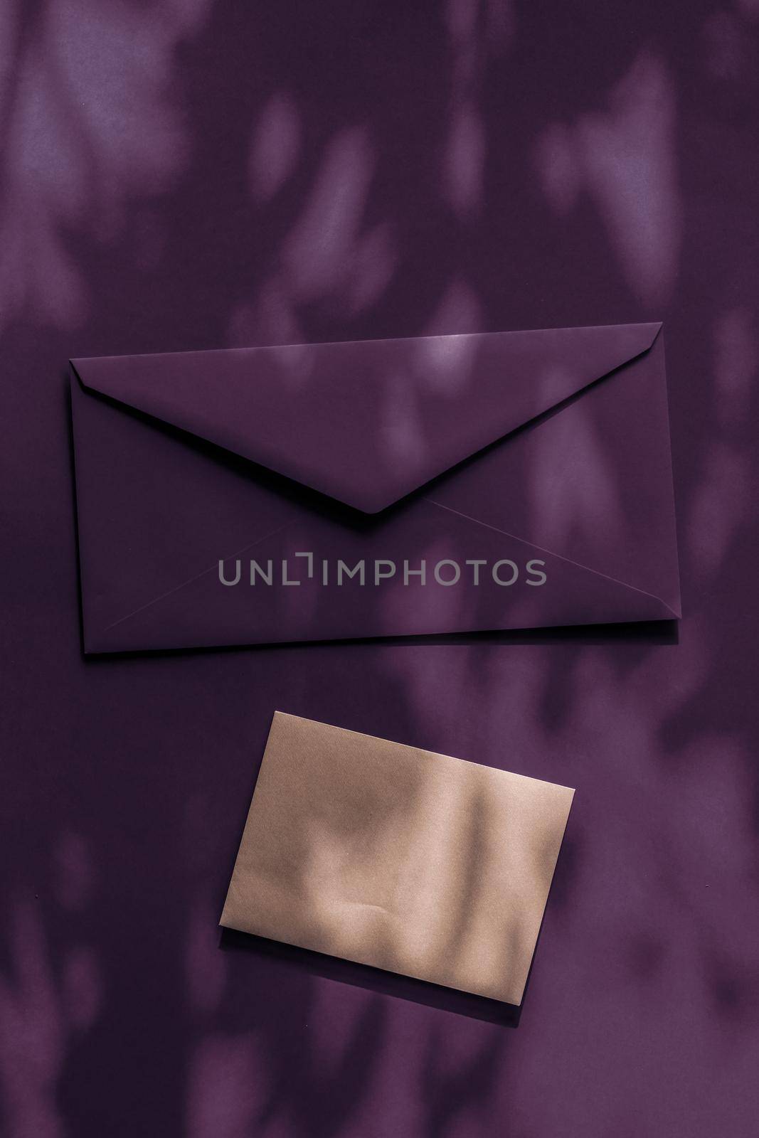 Holiday marketing, business kit and email newsletter concept - Beauty brand identity as flatlay mockup design, business card and letter for online luxury branding on plum shadow background