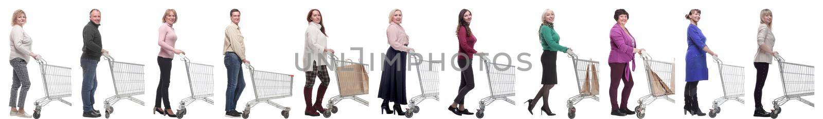 group of people with cart looking at camera isolated on white background