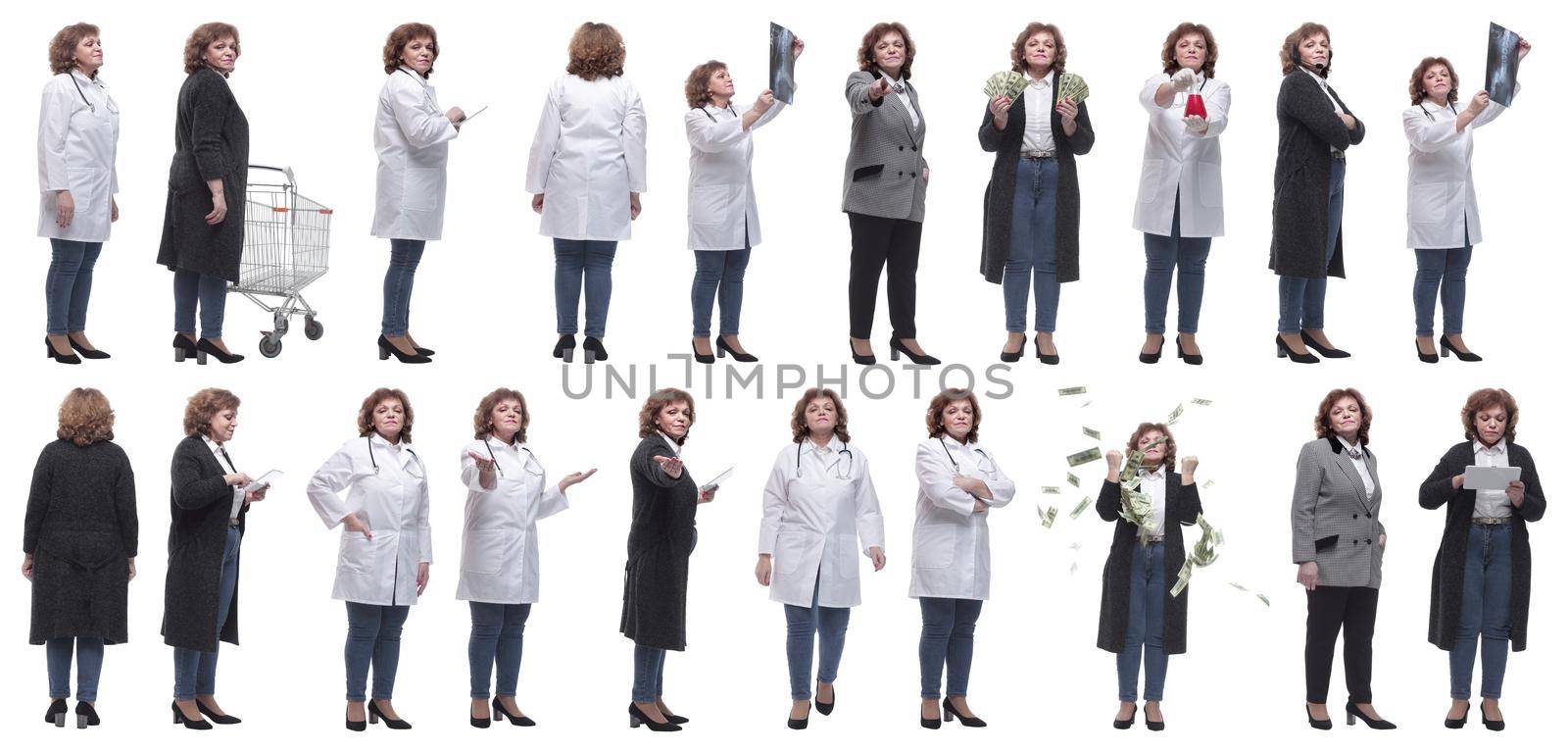 collage of a woman in full growth displaying many professions by asdf