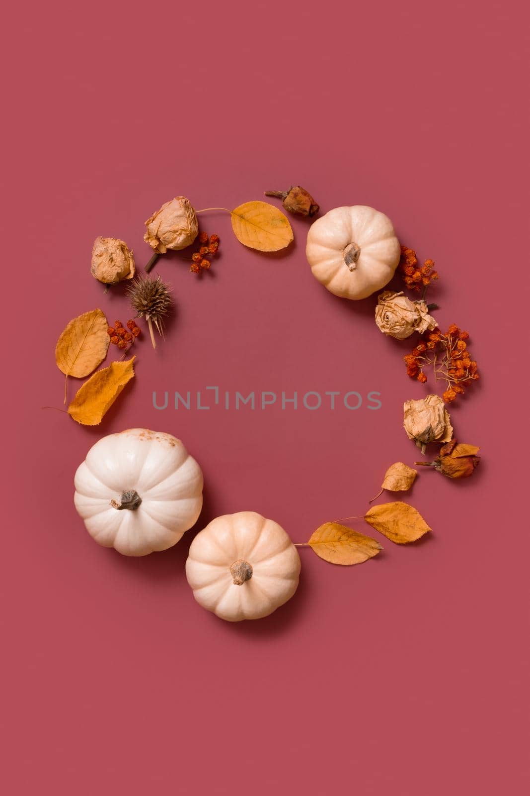 Autumn flat lay wreath of pumpkin, leaves and flowers with berries top view. Vertical format with copy space.