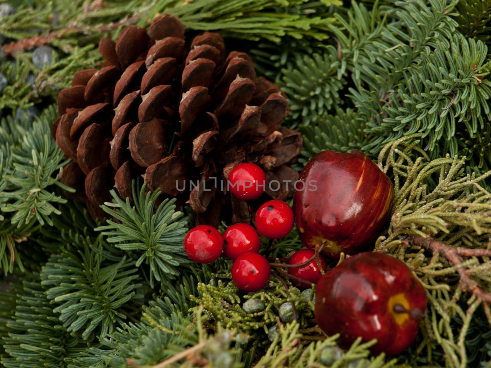 Close up of Christmas wreath.