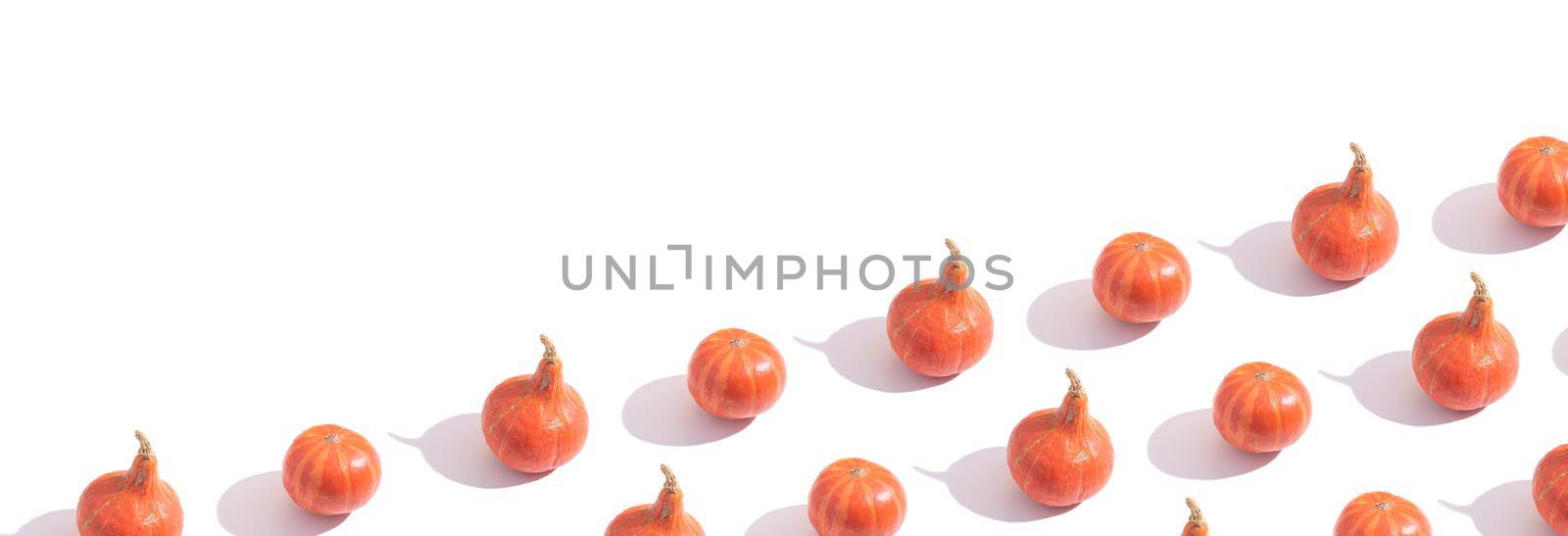 Autumn banner with pattern made from orange pumpkins with copy space on white background.
