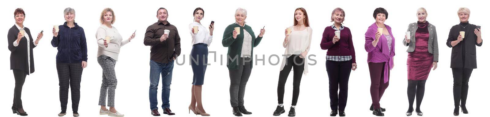 collage people holding coffee in hands isolated on white background