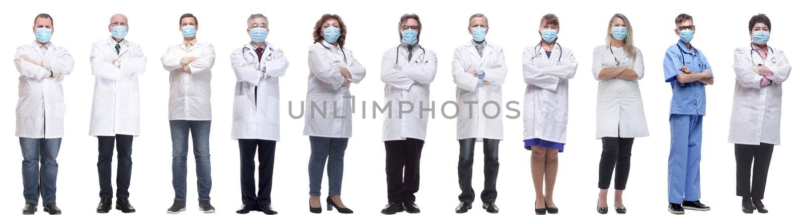 group of doctors in mask isolated on white background