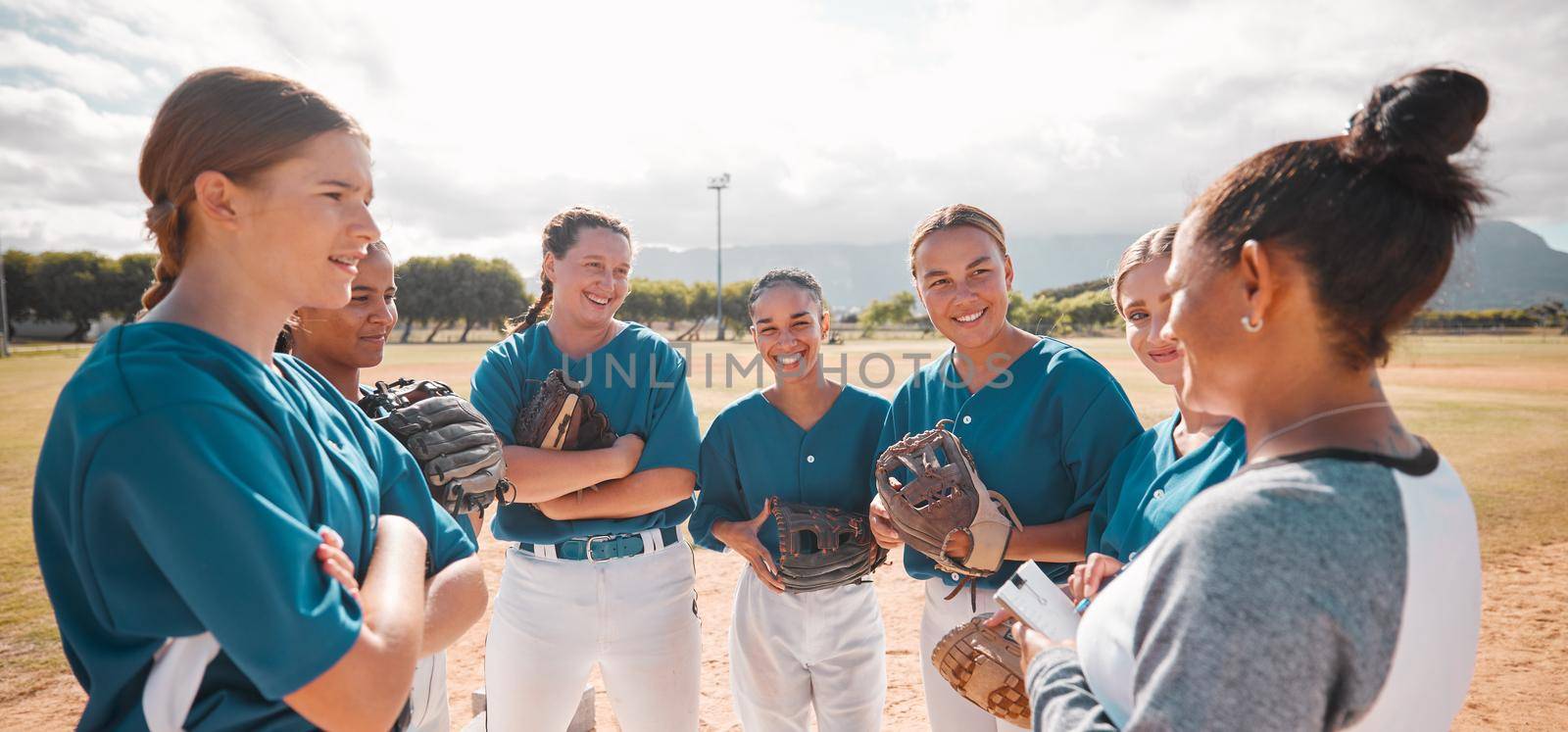 Baseball, team and women with coach talking, conversation or speaking about game strategy. Motivation, teamwork and collaboration with leader coaching girls in softball sports training exercise
