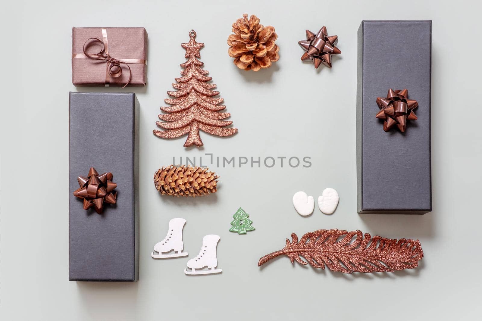 Christmas New Year flatlay with gifts and holiday decor top view. Creative modern layout.