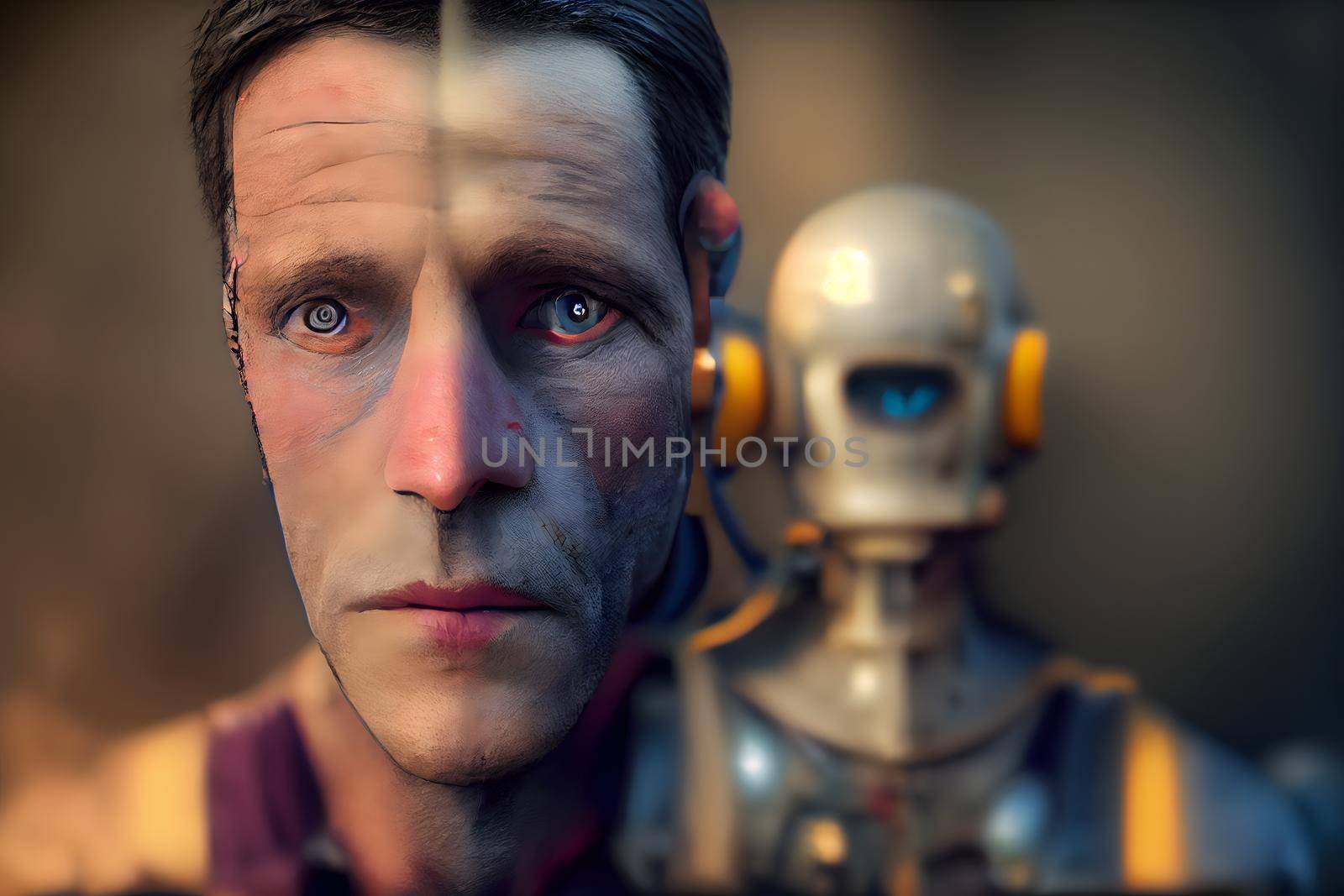 human looking at robot, natural and artificial intelligence relationships concept, neural network generated art. Digitally generated image. Not based on any actual scene or pattern.