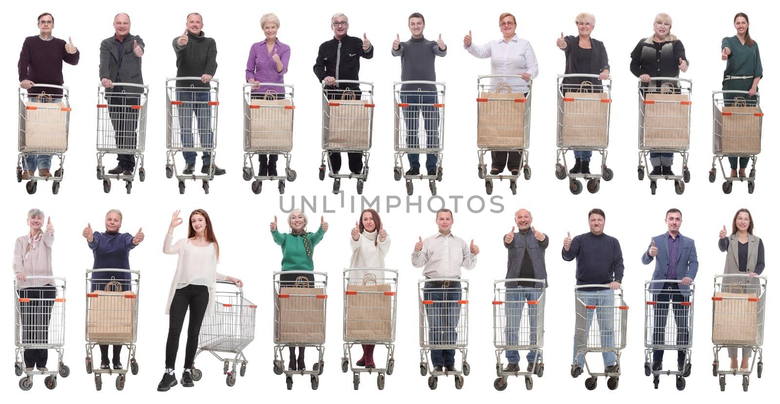 group of people with shopping cart showing thumbs up by asdf