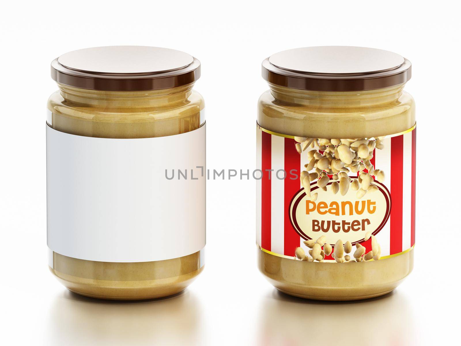 Peanut butter jars with white and product labels isolated on white background. 3D illustration.