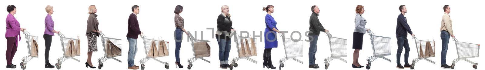 group of people with cart looking ahead isolated on white background