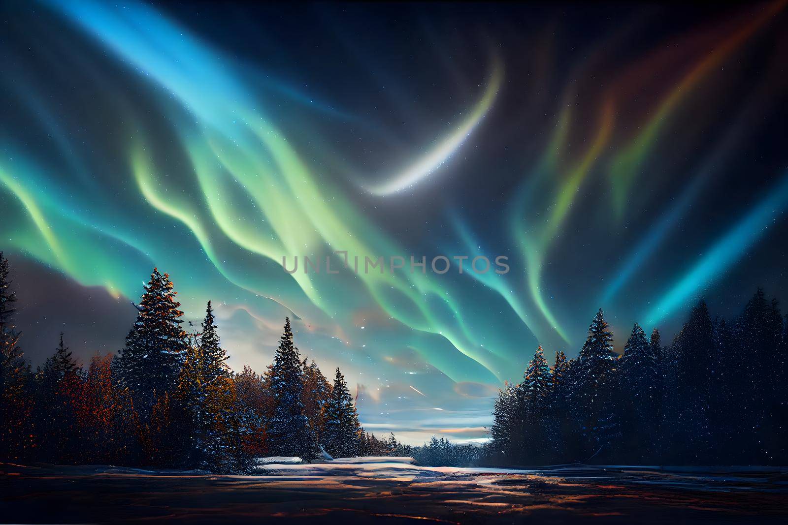 night terrestrial landscape with aurora northem lights in the sky, neural network generated art. Digitally generated image. Not based on any actual scene or pattern.