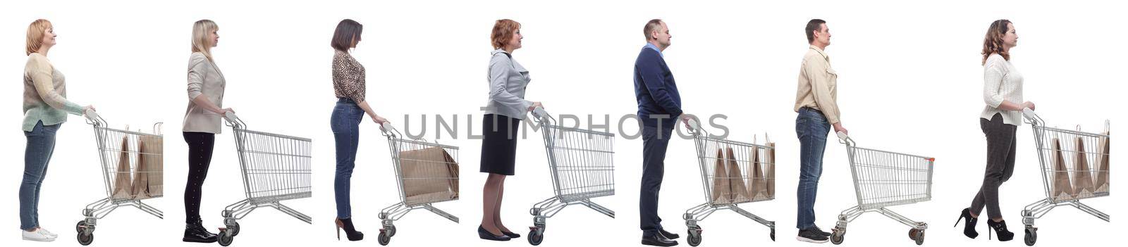 group of people with cart looking ahead isolated on white background