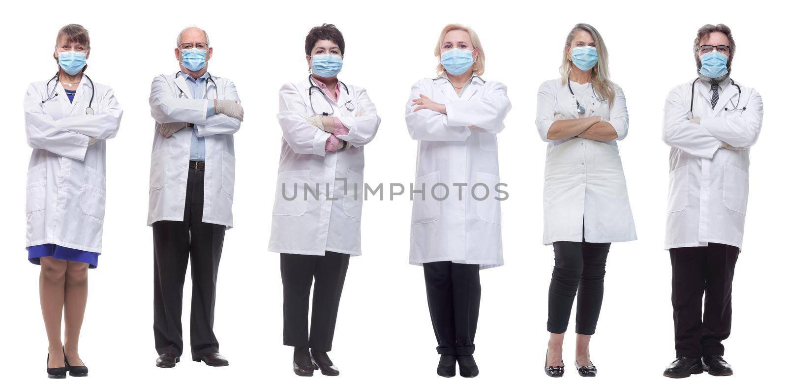 group of doctors in mask isolated on white background