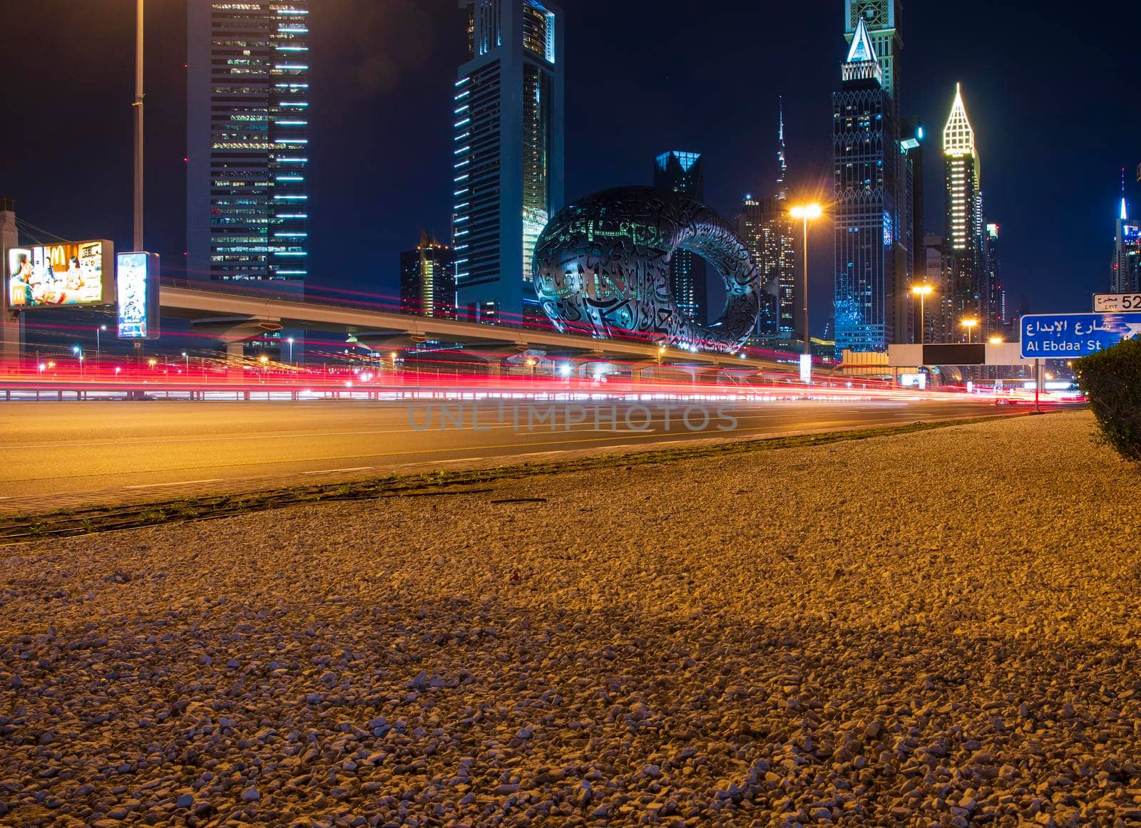 Main road of a United Arab Emirates, Shekh Zayed road. Shot taken in Dubai. Many of famous landmarks can be seen as well as metro station and Museum of future. Outdoors