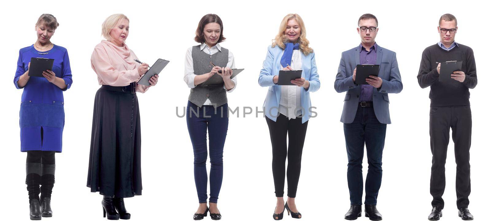 group of successful people with notepad in hands isolated by asdf