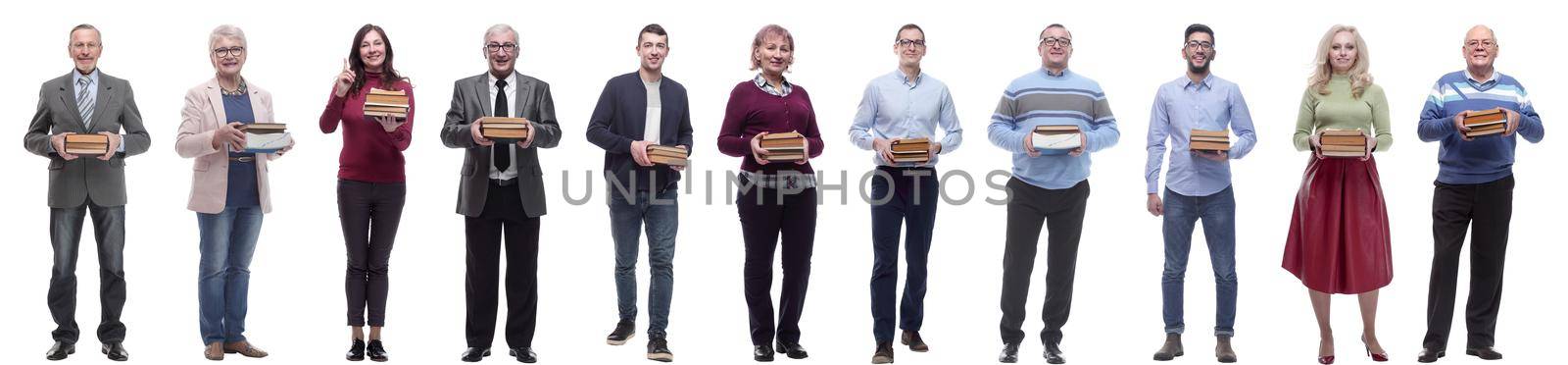 group of people holding books in hands isolated on white background