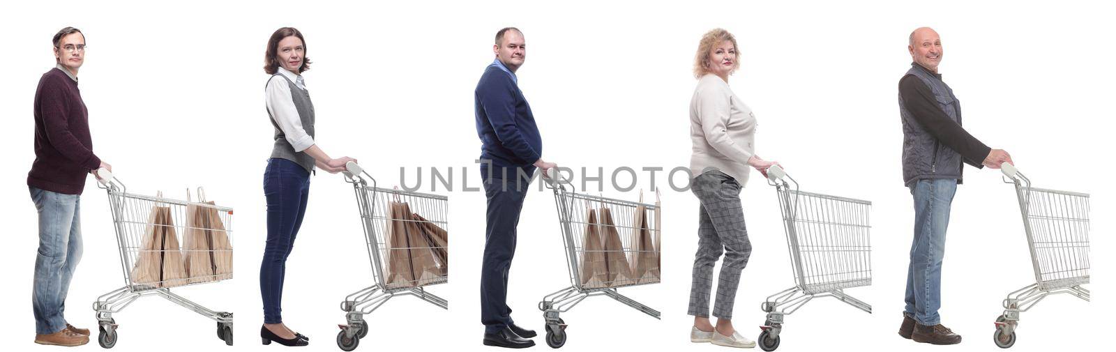 group of people with cart looking at camera isolated on white background