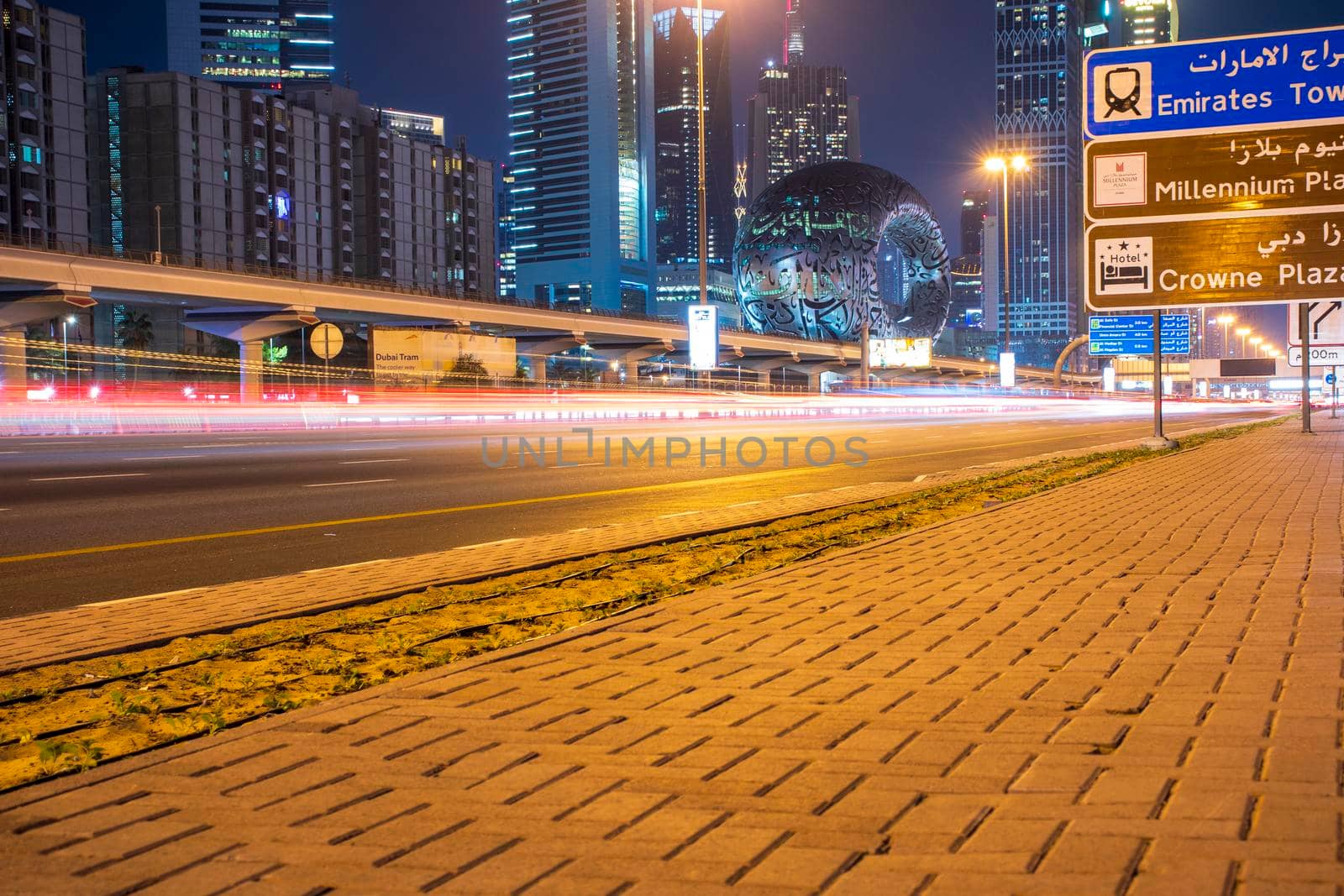 Main road of a United Arab Emirates, Shekh Zayed road. Shot taken in Dubai. Many of famous landmarks can be seen as well as metro station and Museum of future. Outdoors
