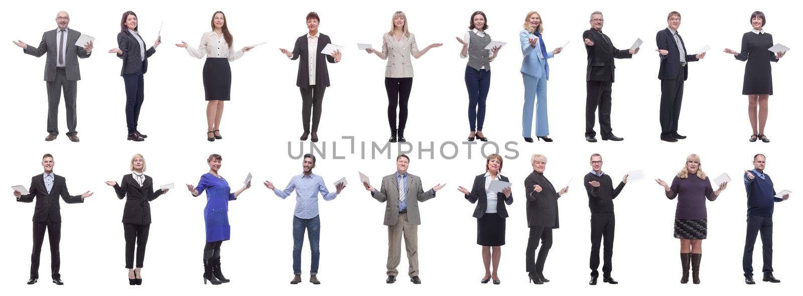 group of people holding tablet with outstretched hand isolated on white background