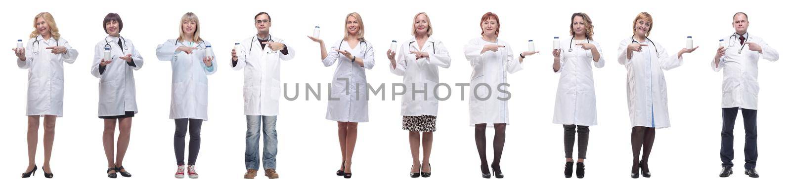 group of doctors holding jar isolated on white by asdf