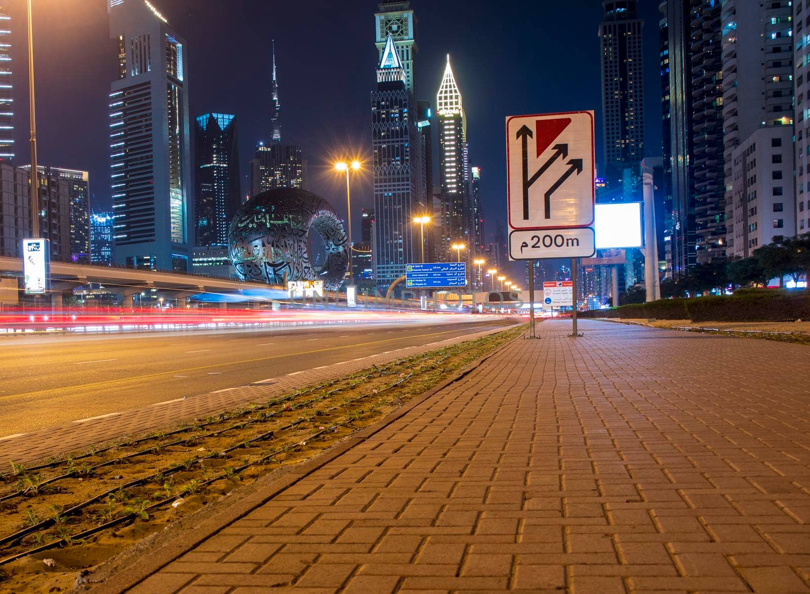 Main road of a United Arab Emirates, Shekh Zayed road. Shot taken in Dubai. Many of famous landmarks can be seen as well as metro station and Museum of future. Outdoors