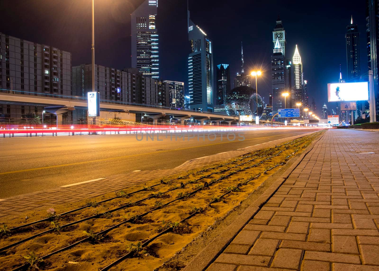 Main road of a United Arab Emirates, Shekh Zayed road. Shot taken in Dubai. Many of famous landmarks can be seen as well as metro station and Museum of future. Outdoors