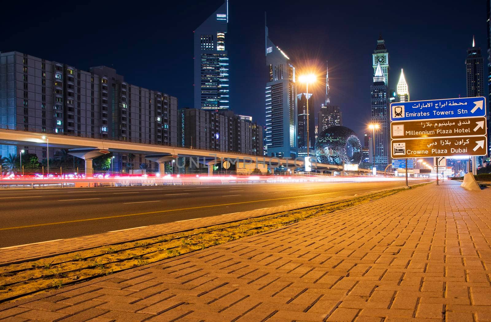 Main road of a United Arab Emirates, Shekh Zayed road. Shot taken in Dubai. Many of famous landmarks can be seen as well as metro station and Museum of future. Outdoors