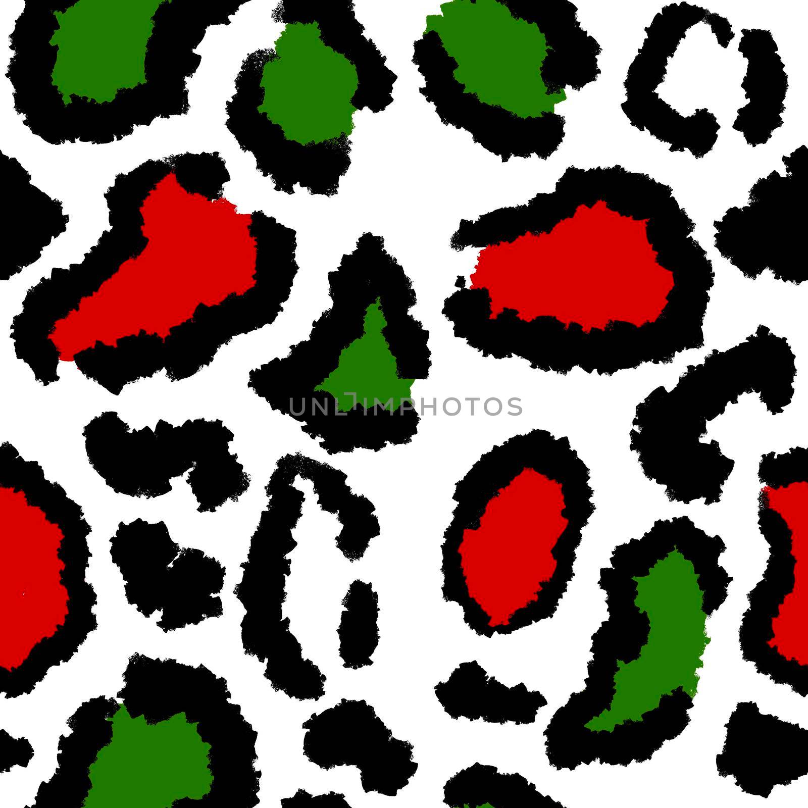 Hand drawn seamless green red christmas leopard pattern, festive wild cheetah background, animal fur skin print. December wrapping holiday paper, invitations cards design