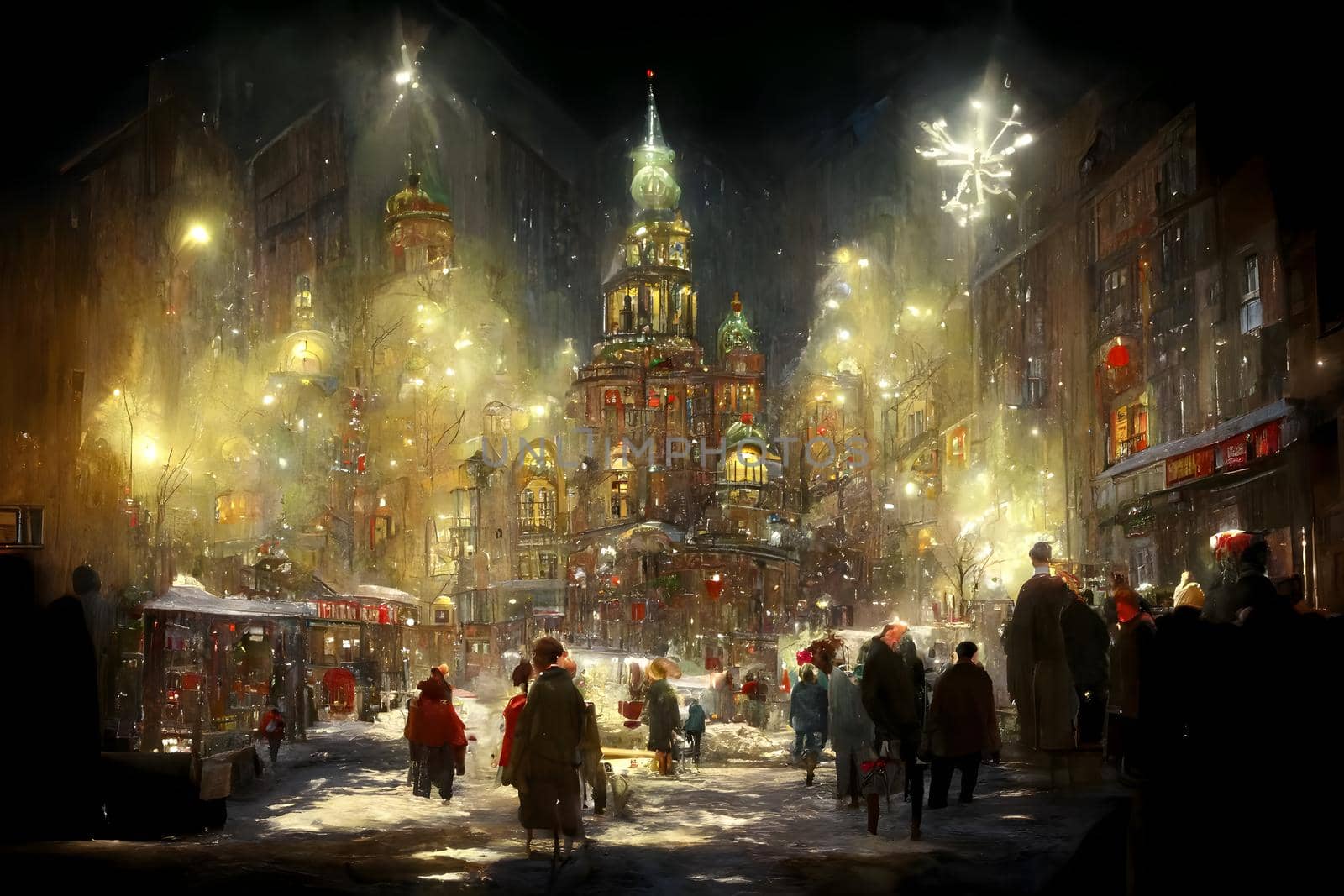 night crowded christmas european town street, neural network generated art. Digitally generated image. Not based on any actual scene or pattern.