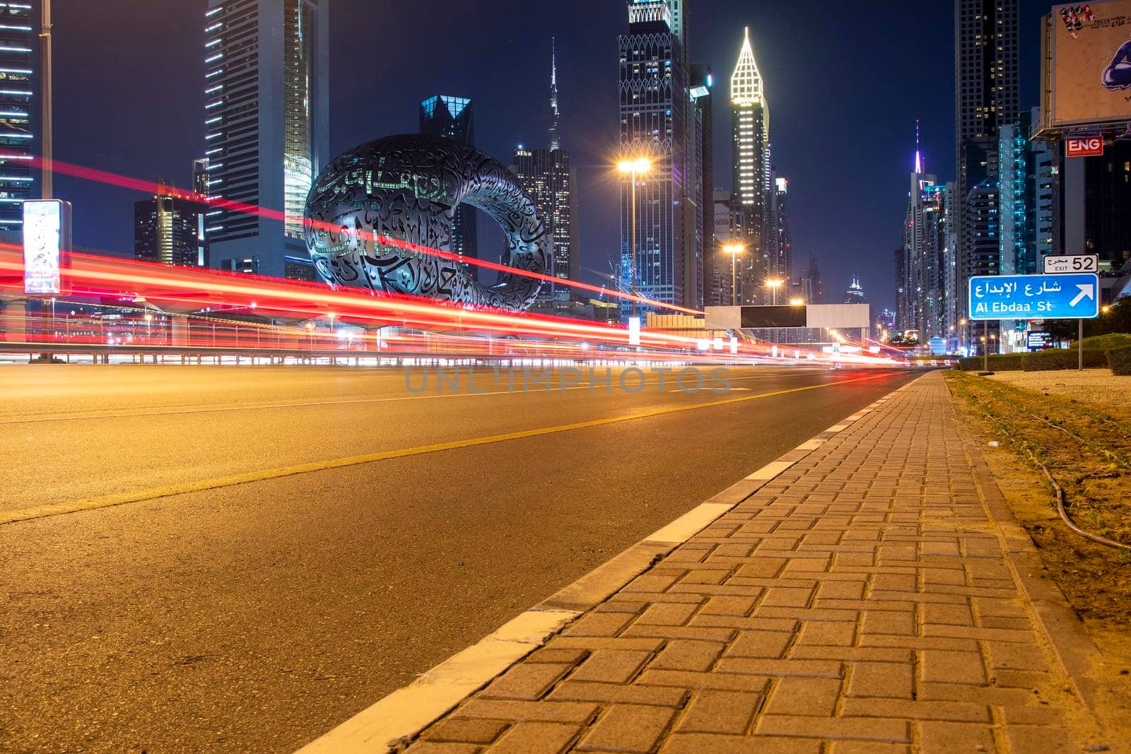 Main road of a United Arab Emirates, Shekh Zayed road. Shot taken in Dubai. Many of famous landmarks can be seen as well as metro station and Museum of future. Outdoors