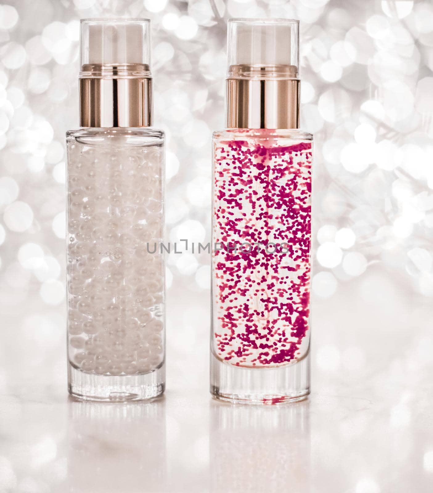 Cosmetic branding, blank label and glamour present concept - Holiday make-up base gel, serum emulsion, lotion bottle and silver glitter, luxury skin and body care cosmetics for beauty brand ads