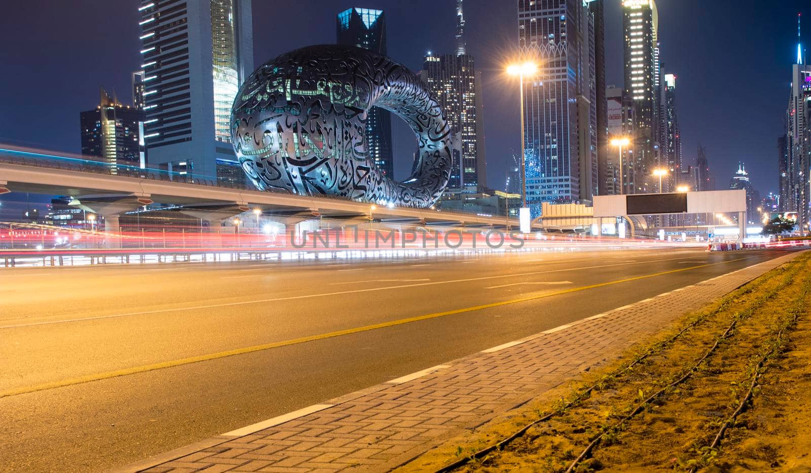 Main road of a United Arab Emirates, Shekh Zayed road. Shot taken in Dubai. Many of famous landmarks can be seen as well as metro station and Museum of future. Outdoors