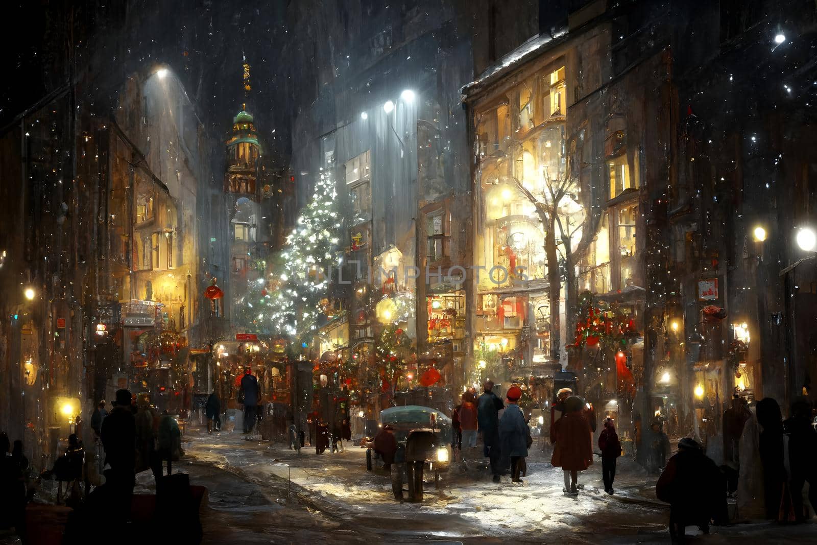 night crowded christmas european town street, neural network generated art. Digitally generated image. Not based on any actual scene or pattern.