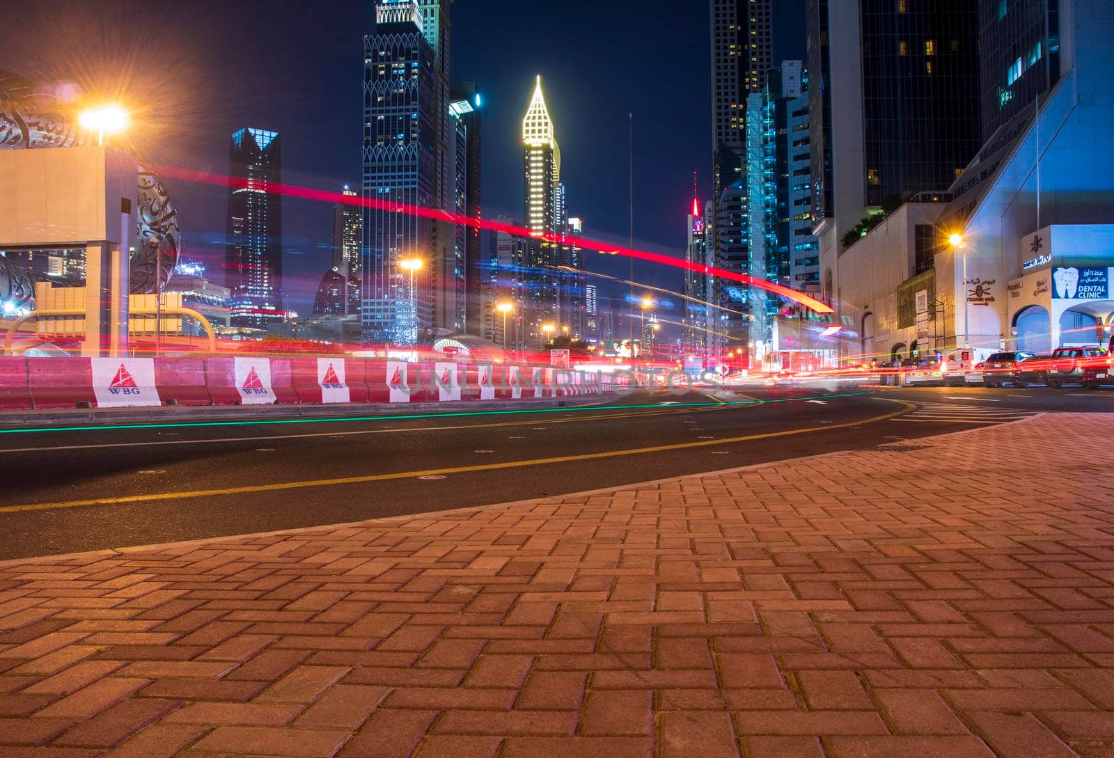 Main road of a United Arab Emirates, Shekh Zayed road. Shot taken in Dubai. Many of famous landmarks can be seen as well as metro station and Museum of future. Outdoors