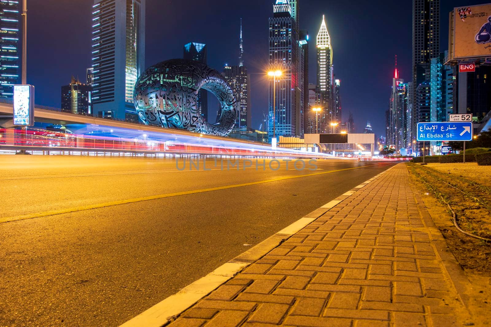 Main road of a United Arab Emirates, Shekh Zayed road. Shot taken in Dubai. Many of famous landmarks can be seen as well as metro station and Museum of future. Outdoors
