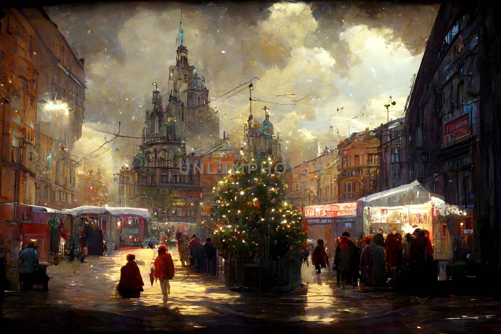 night crowded christmas european town street, neural network generated art. Digitally generated image. Not based on any actual scene or pattern.