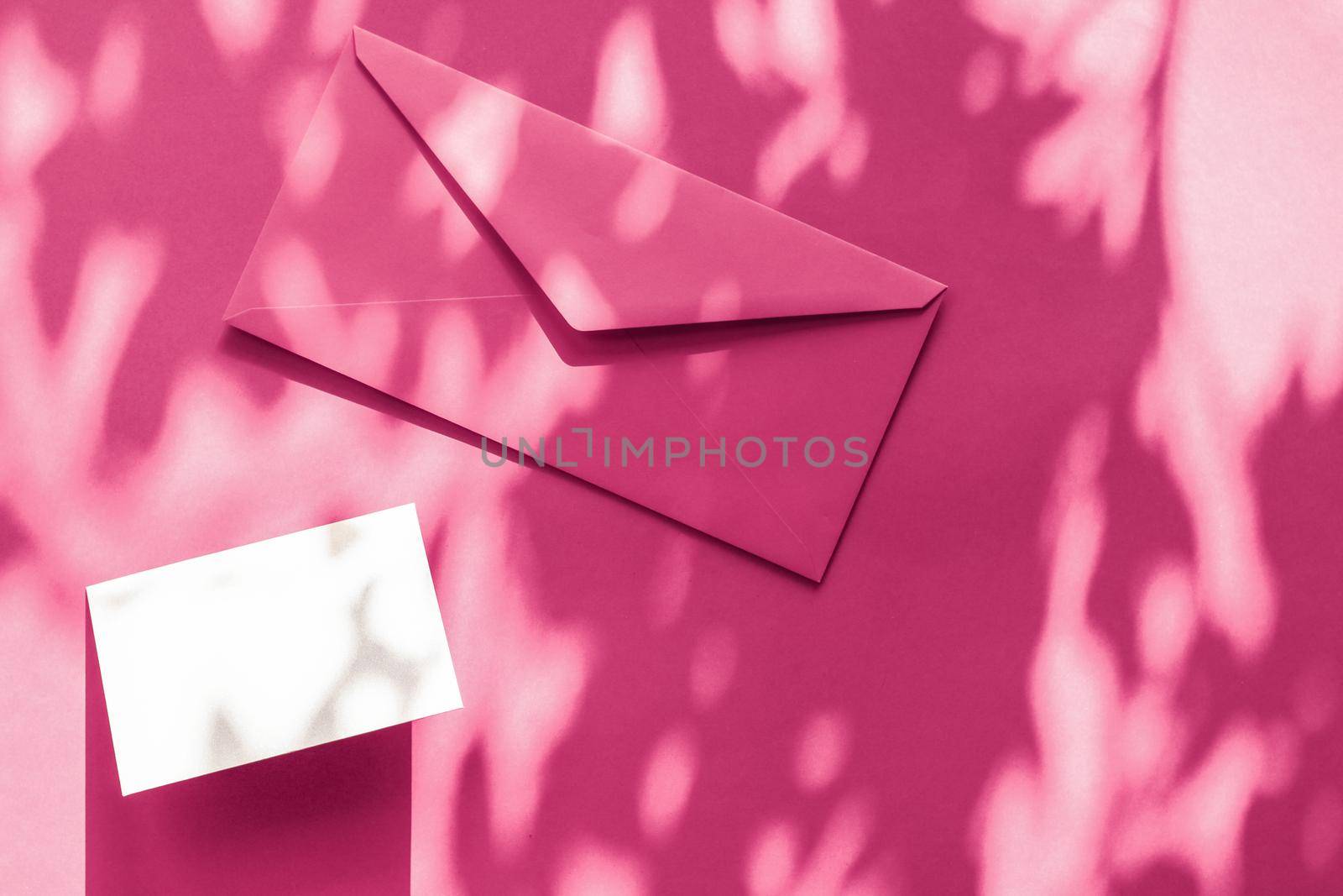 Holiday marketing, business kit and email newsletter concept - Beauty brand identity as flatlay mockup design, business card and letter for online luxury branding on pink shadow background