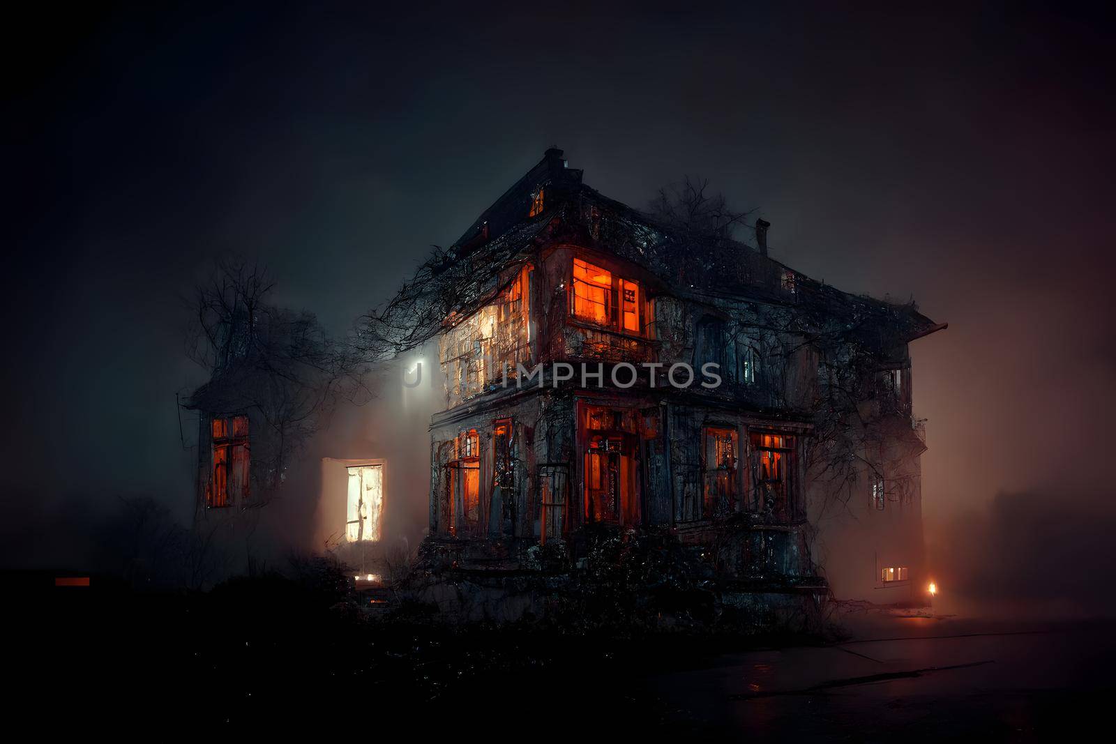 dark haunted house with illuminated windows at spooky misty dark halloween night, neural network generated art. Digitally generated image. Not based on any actual scene or pattern.