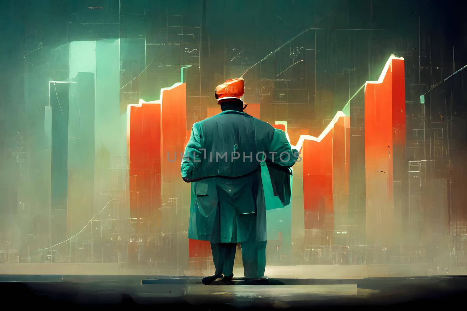 grotesque cartoon business man figure standing in front of bizarre styled charts, neural network generated art. Digitally generated image. Not based on any actual scene or pattern.