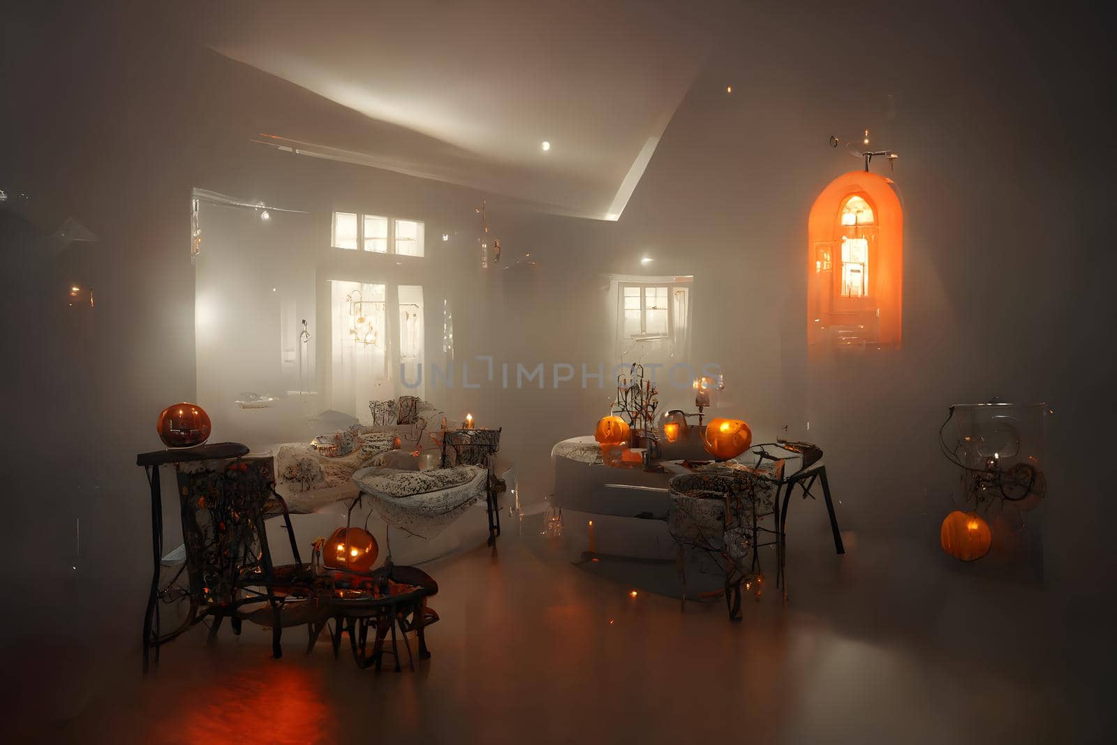 halloween decorated home interior with costumed figures and smoke or fog, neural network generated art. Digitally generated image. Not based on any actual scene or pattern.