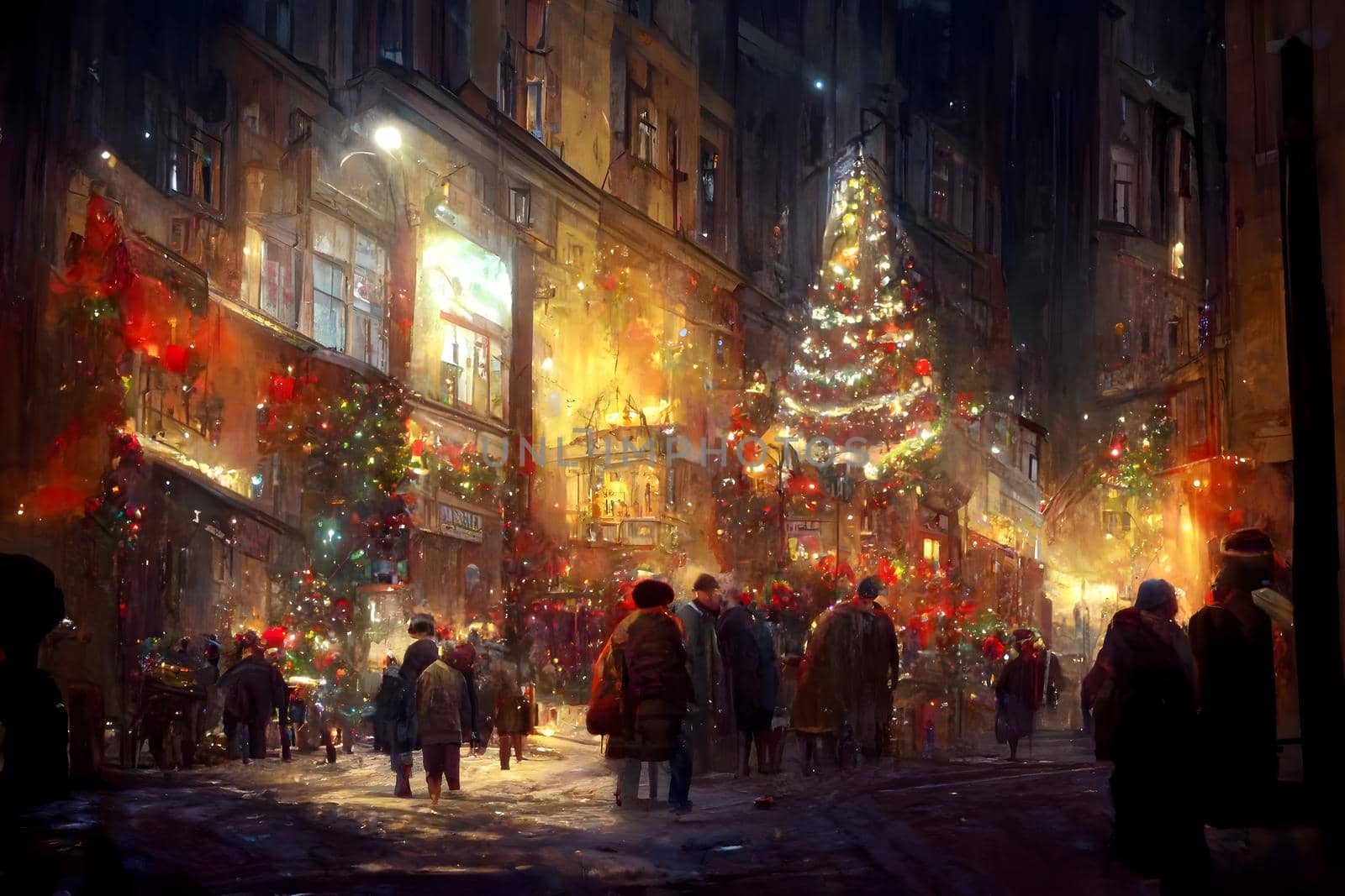 night crowded christmas european town street, neural network generated art. Digitally generated image. Not based on any actual scene or pattern.