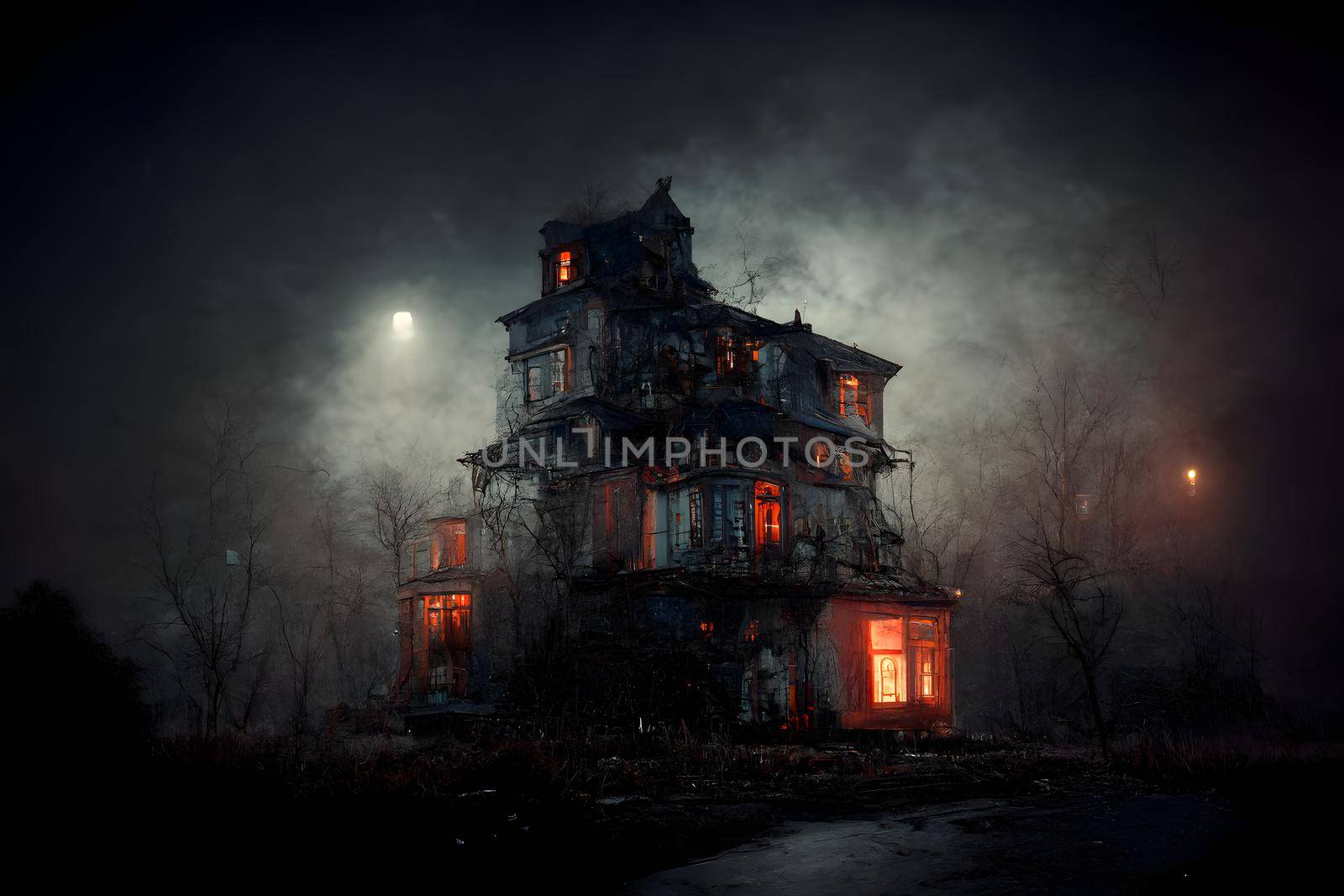 dark haunted house with illuminated windows at spooky misty dark halloween night, neural network generated art. Digitally generated image. Not based on any actual scene or pattern.