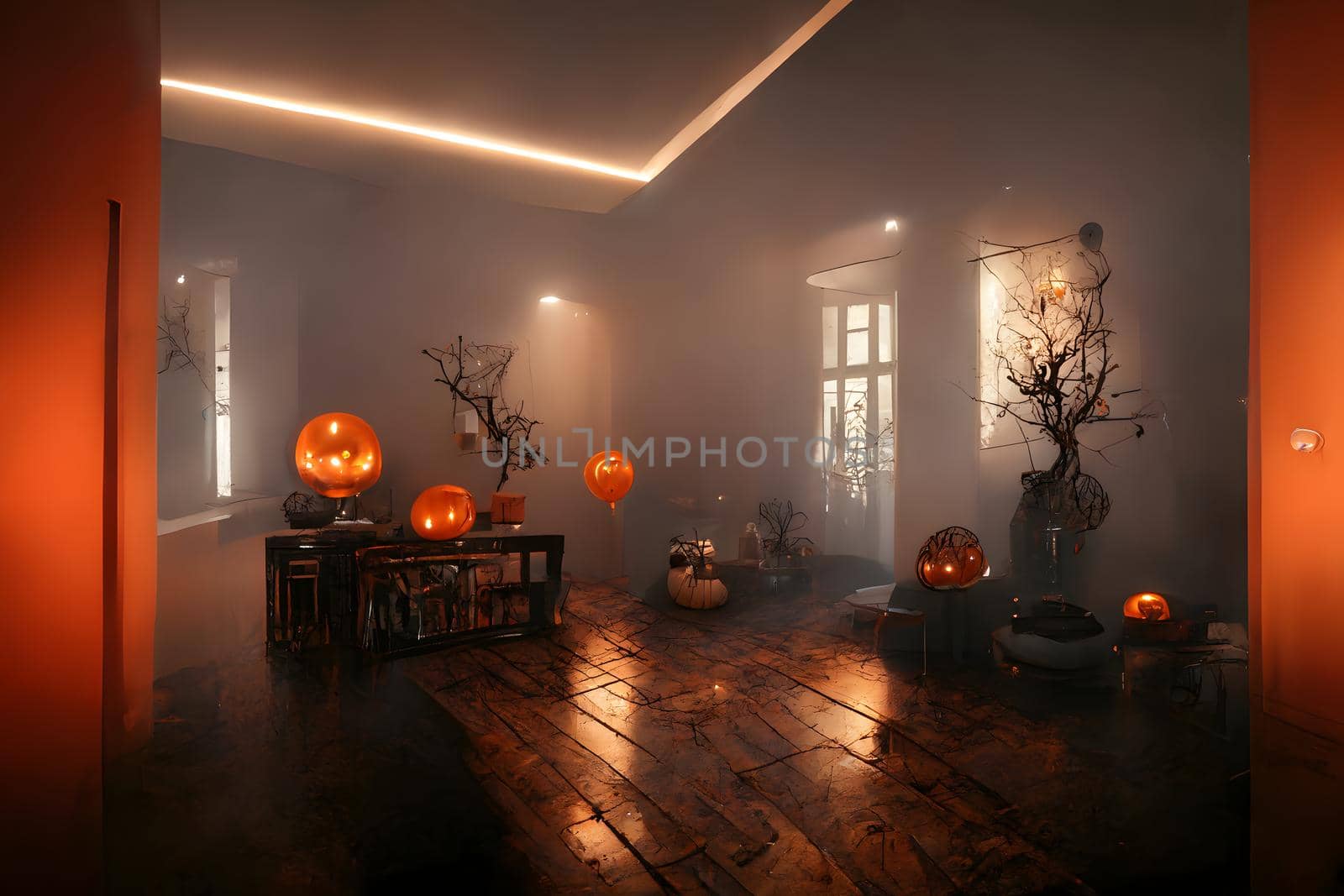 halloween decorated home interior with costumed figures and smoke or fog, neural network generated art. Digitally generated image. Not based on any actual scene or pattern.