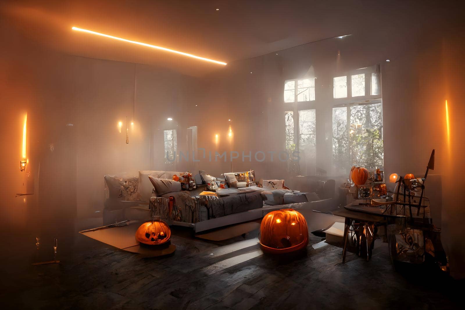 halloween decorated home interior with costumed figures and smoke or fog, neural network generated art. Digitally generated image. Not based on any actual scene or pattern.