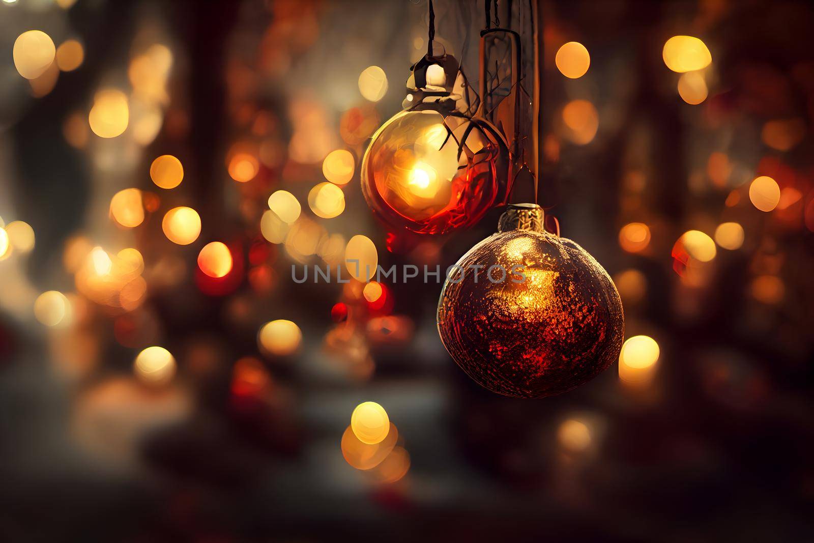 close-up christmas decorations background with selective focus and background blur, neural network generated art. Digitally generated image. Not based on any actual scene or pattern.