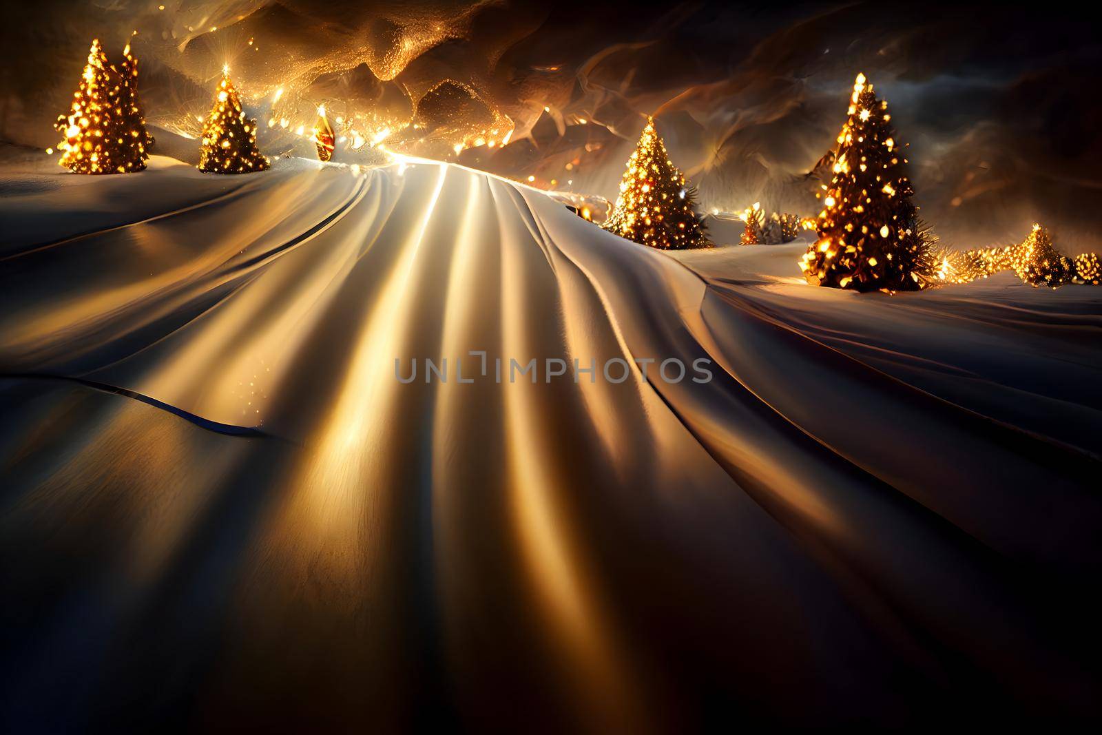 large snow covered field with christmas trees at night with golden light, neural network generated art. Digitally generated image. Not based on any actual scene or pattern.